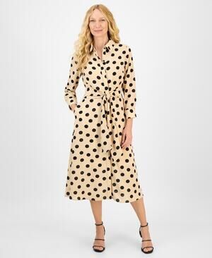 julia jordan Women's Dot-Print Tie-Waist Shirtdress Tan Size 12 1667